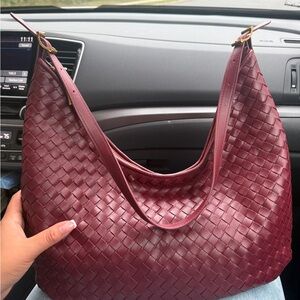 Woven Leather Shoulder Bag in Burgundy - Women Bags
